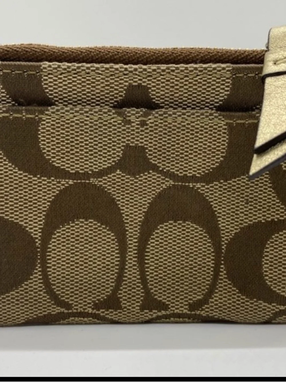 Coach Brown Signature Canvas Card Holder with Gold Leather